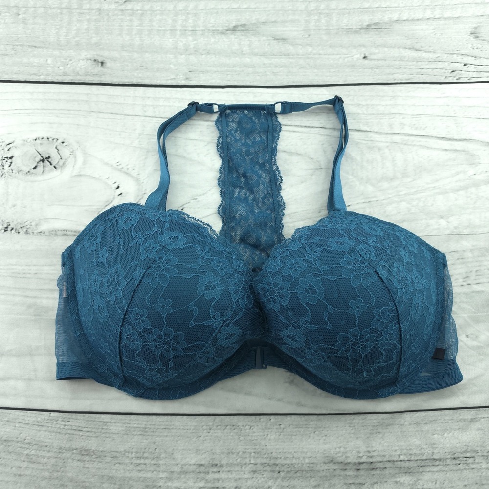 Victoria's Secret Push Up Bra Racerback Blue Lace Front Clasp Closure 38D